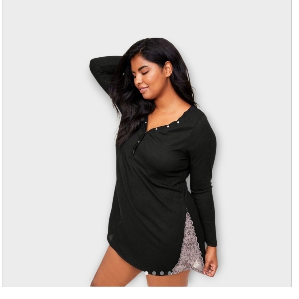 NWT Adore Me Black Ribbed Taupe Lace Trim Sleep Shirt ~sz S